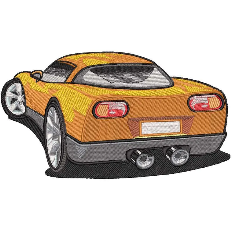 Orange sport car embroidery design preview. Digital file for machine embroidery projects.