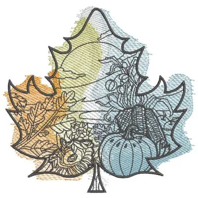 Autumn leaf landscape embroidery design preview showcasing vibrant colors and detailed stitching.