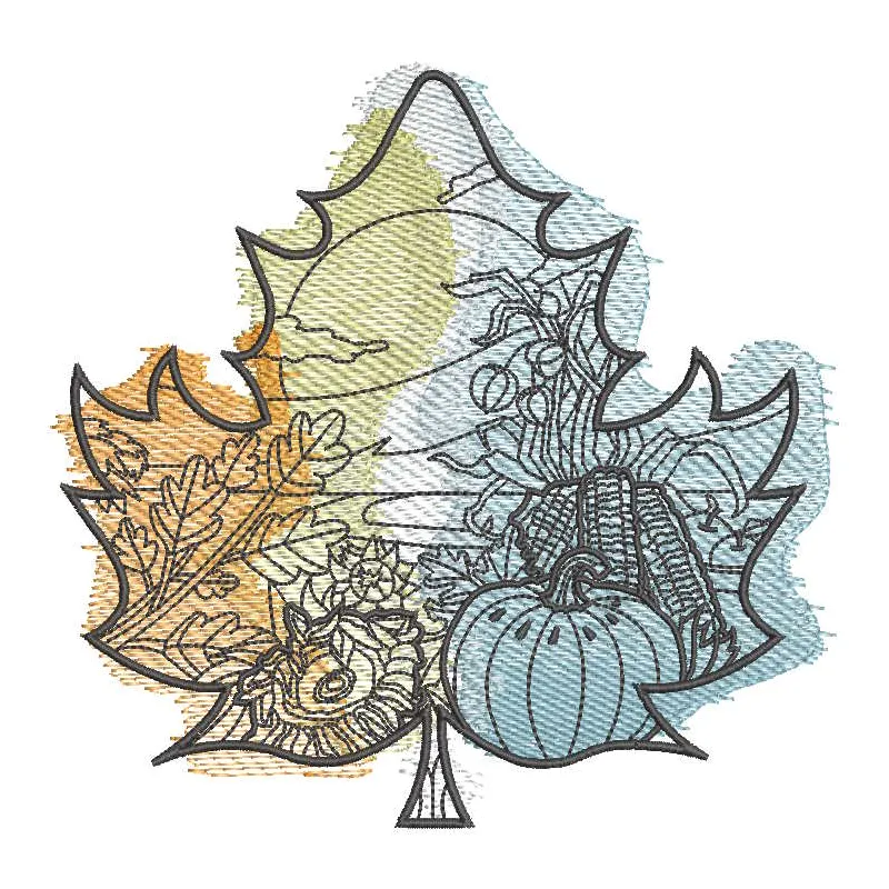 Autumn leaf landscape embroidery design preview showcasing vibrant colors and detailed stitching.
