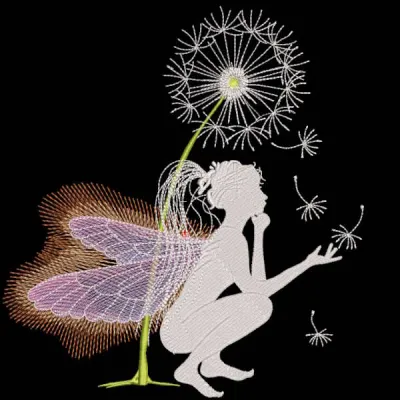 Fairy fortune telling on dandelion embroidery design preview showing intricate details and vibrant colors.