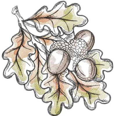 Acorns fall colors embroidery design preview showcasing autumn hues and intricate details.
