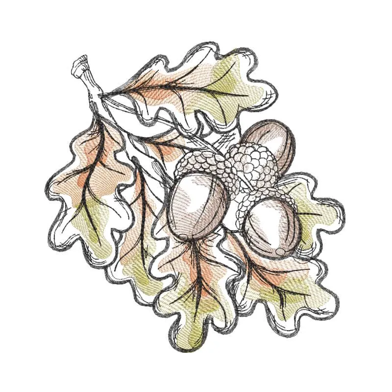 Acorns fall colors embroidery design preview showcasing autumn hues and intricate details.