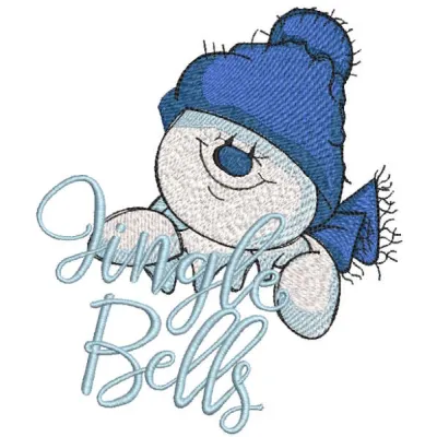 Jingle bells snowman embroidery design preview showcasing intricate details and vibrant colors.