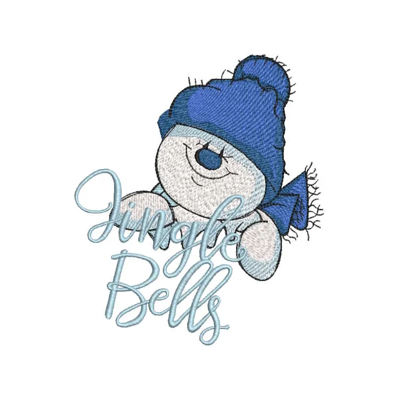 Jingle bells snowman embroidery design preview showcasing intricate details and vibrant colors.