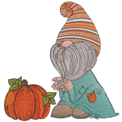 Dwarf found pumpkin embroidery design preview showcasing intricate details for autumn projects.