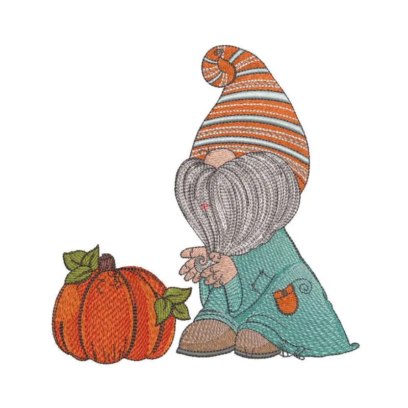Dwarf found pumpkin embroidery design preview showcasing intricate details for autumn projects.
