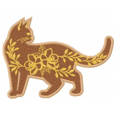 Patterned cat embroidery design preview showcasing intricate details and vibrant colors.
