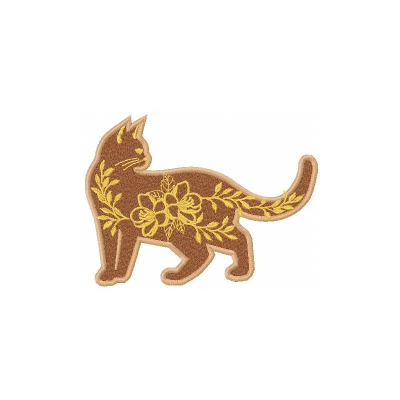 Patterned cat embroidery design preview showcasing intricate details and vibrant colors.