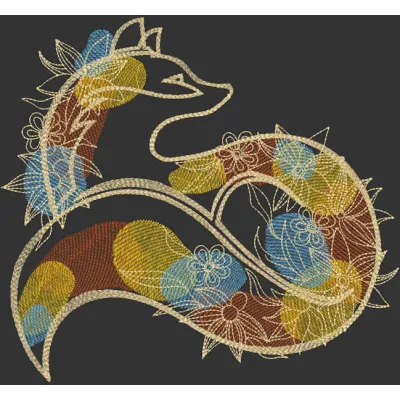 Autumn patterned fox embroidery design preview showcasing vibrant colors and intricate details.