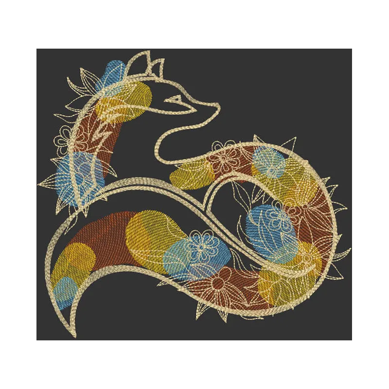 Autumn patterned fox embroidery design preview showcasing vibrant colors and intricate details.