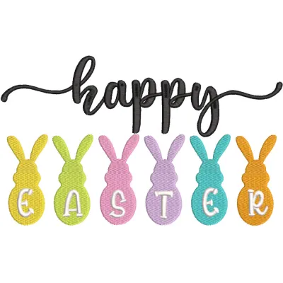 Happy Easter Six Bunnies embroidery design preview showcasing vibrant colors and detailed stitching.