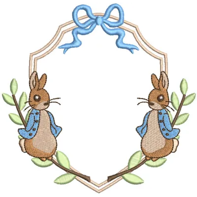 Peter rabbit frame embroidery design preview showcasing detailed stitching and vibrant colors.