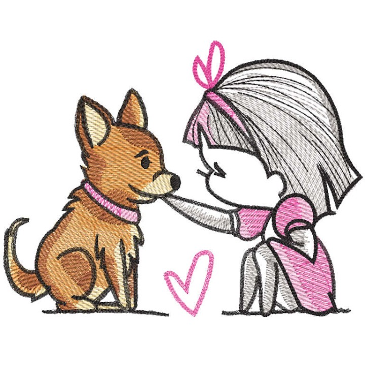 Girl and her dog embroidery design - Embroidery Design