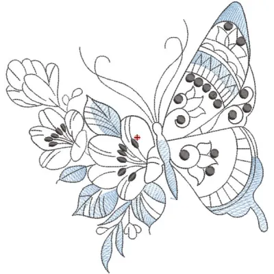 Butterfly flower embroidery design preview showcasing intricate stitching details and vibrant colors.