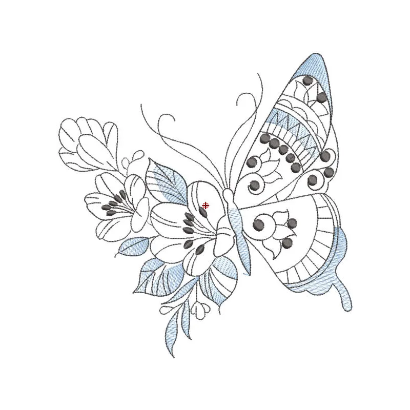 Butterfly flower embroidery design preview showcasing intricate stitching details and vibrant colors.