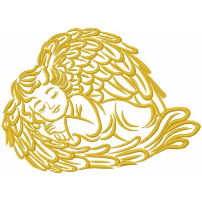 Angel covered with wings embroidery design preview showcasing intricate details and vibrant colors.