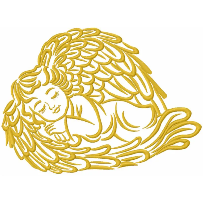 Angel covered with wings embroidery design preview showcasing intricate details and vibrant colors.