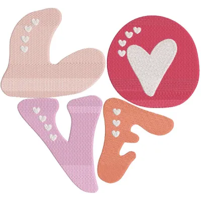 Big love letters embroidery design preview showcasing vibrant colors and clean edges in a detailed stitch pattern.