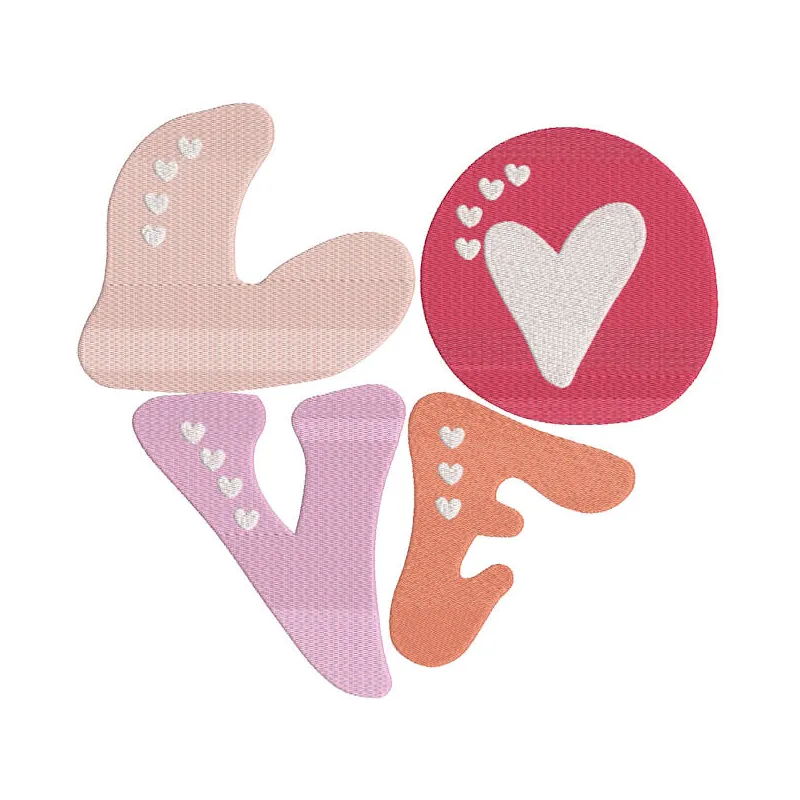 Big love letters embroidery design preview showcasing vibrant colors and clean edges in a detailed stitch pattern.