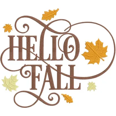 Hello fall leaves embroidery design preview showcasing vibrant autumn colors and detailed stitching.