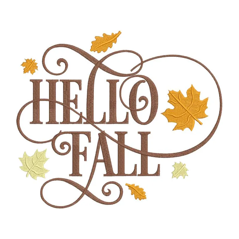 Hello fall leaves embroidery design preview showcasing vibrant autumn colors and detailed stitching.