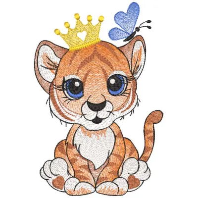 Tiger king and butterfly embroidery design preview showcasing vibrant colors and detailed stitching.