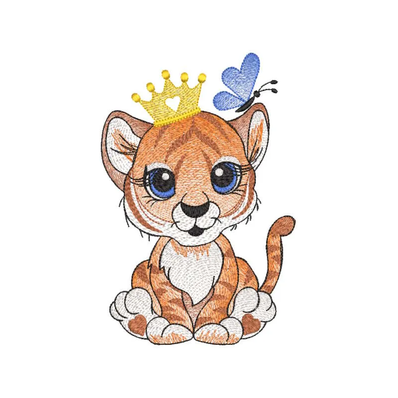 Tiger king and butterfly embroidery design preview showcasing vibrant colors and detailed stitching.