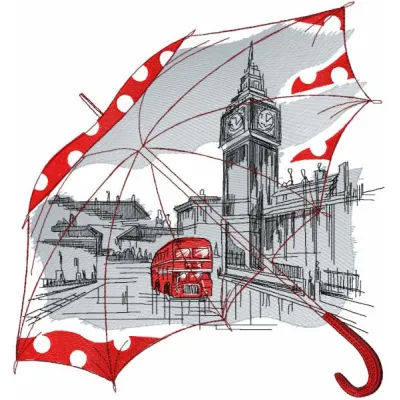 London umbrella embroidery design preview showcasing intricate details and vibrant colors for your projects.