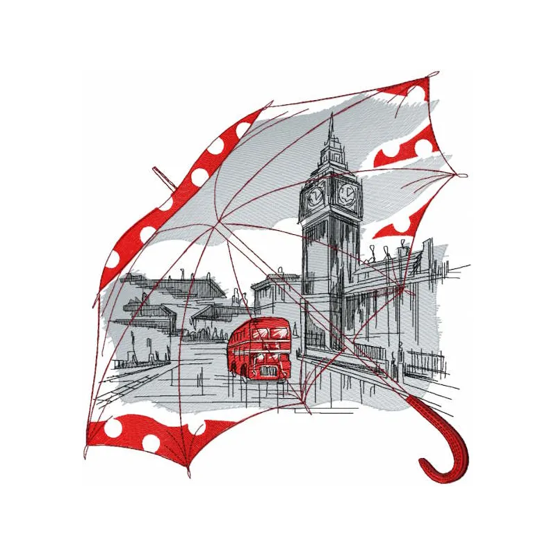 London umbrella embroidery design preview showcasing intricate details and vibrant colors for your projects.