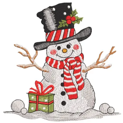 Cheerful snowman top hat gift embroidery design preview showcasing vibrant colors and detailed stitching.