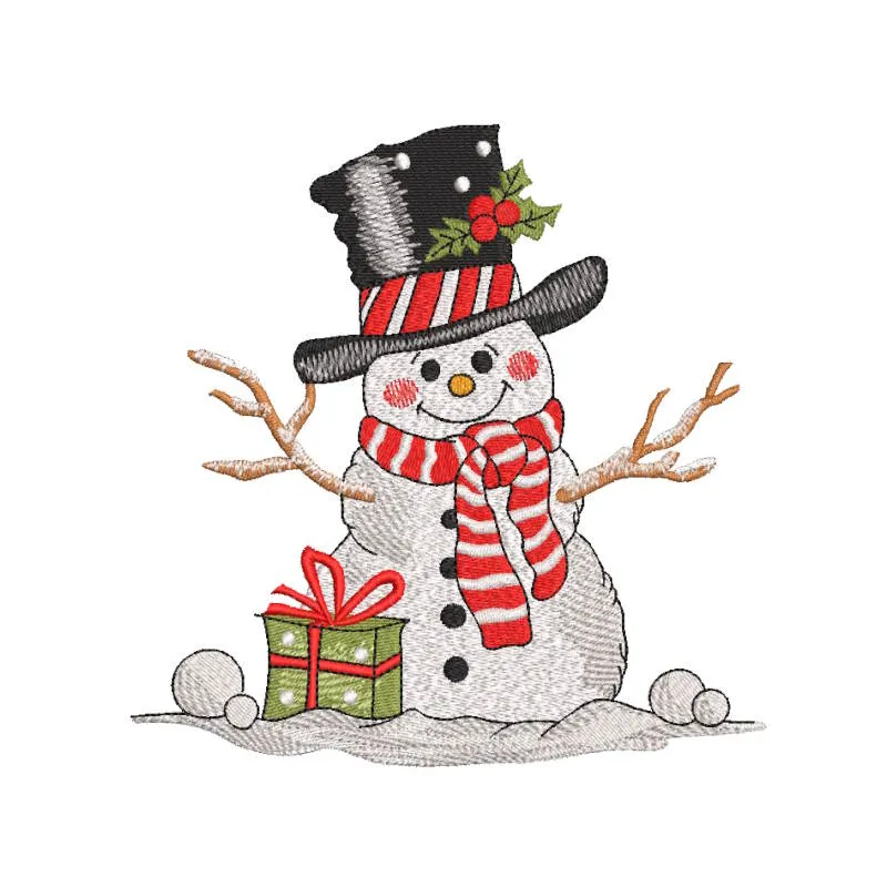 Cheerful snowman top hat gift embroidery design preview showcasing vibrant colors and detailed stitching.