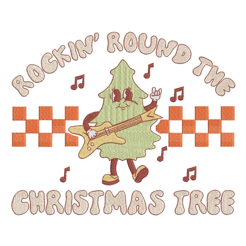Rockin Around The Christmas Tree embroidery design preview showcasing festive details and vibrant colors.
