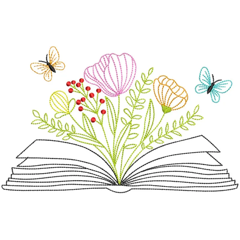 Floral Book embroidery design preview showcasing intricate details and vibrant colors for summer projects.