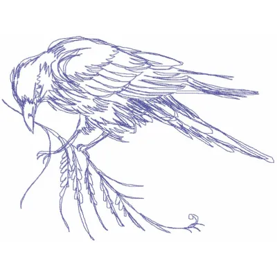 Crow on a branch embroidery design preview showcasing detailed stitching and vibrant colors.