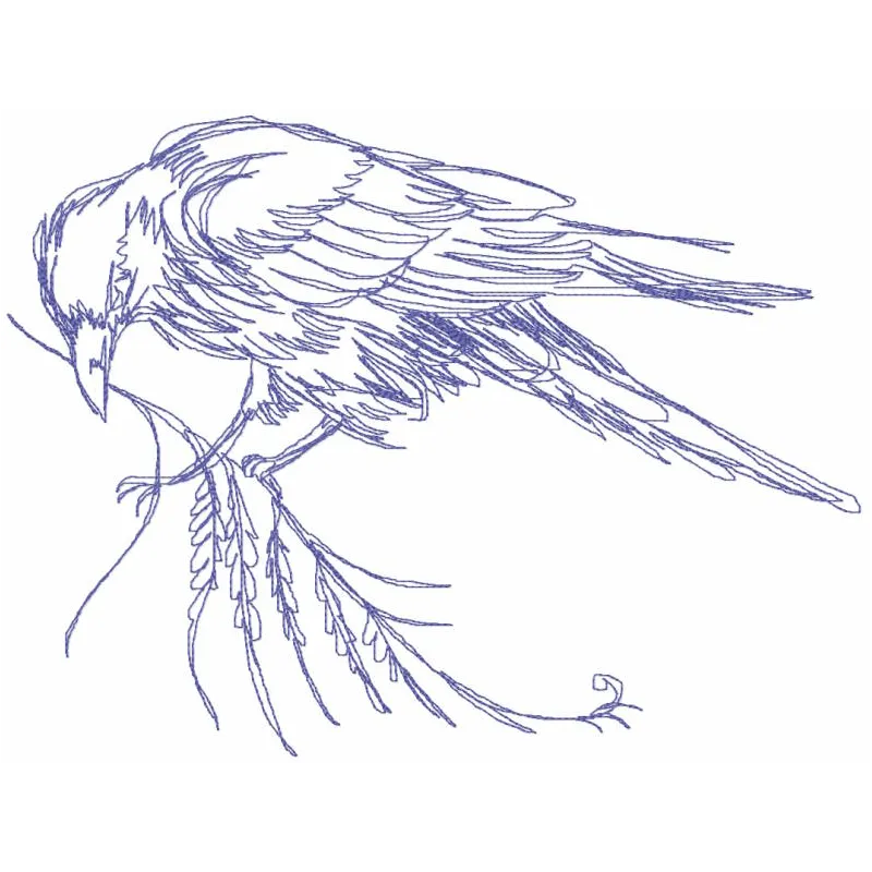 Crow on a branch embroidery design preview showcasing detailed stitching and vibrant colors.