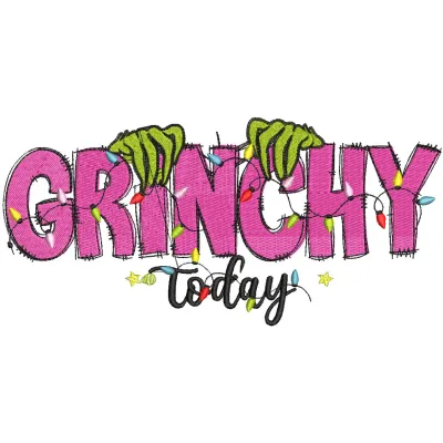 Christmas Grinchy today embroidery design preview showcasing vibrant colors and detailed stitching for festive projects.