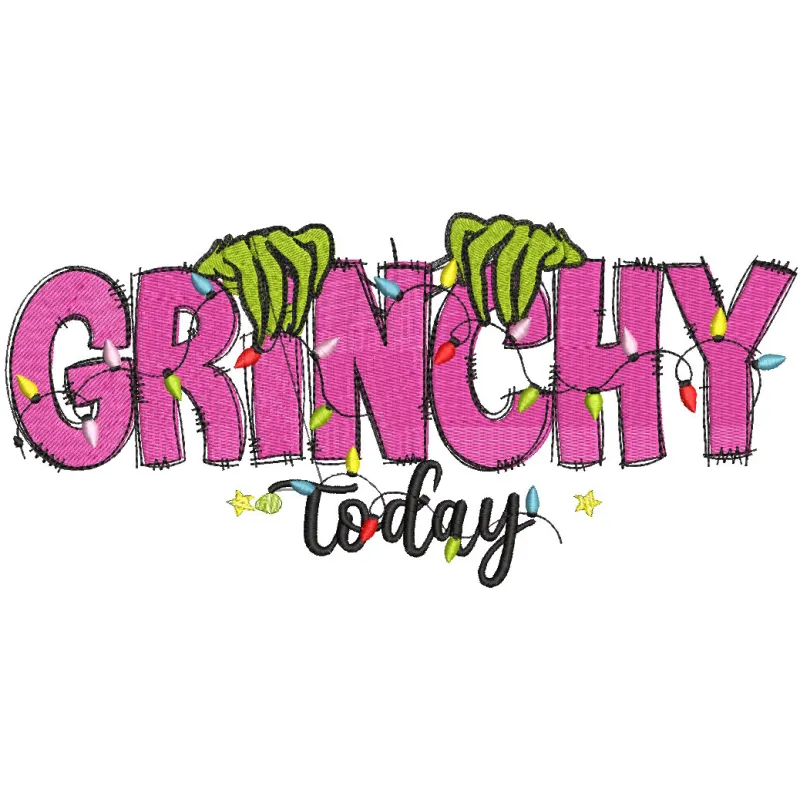 Christmas Grinchy today embroidery design preview showcasing vibrant colors and detailed stitching for festive projects.