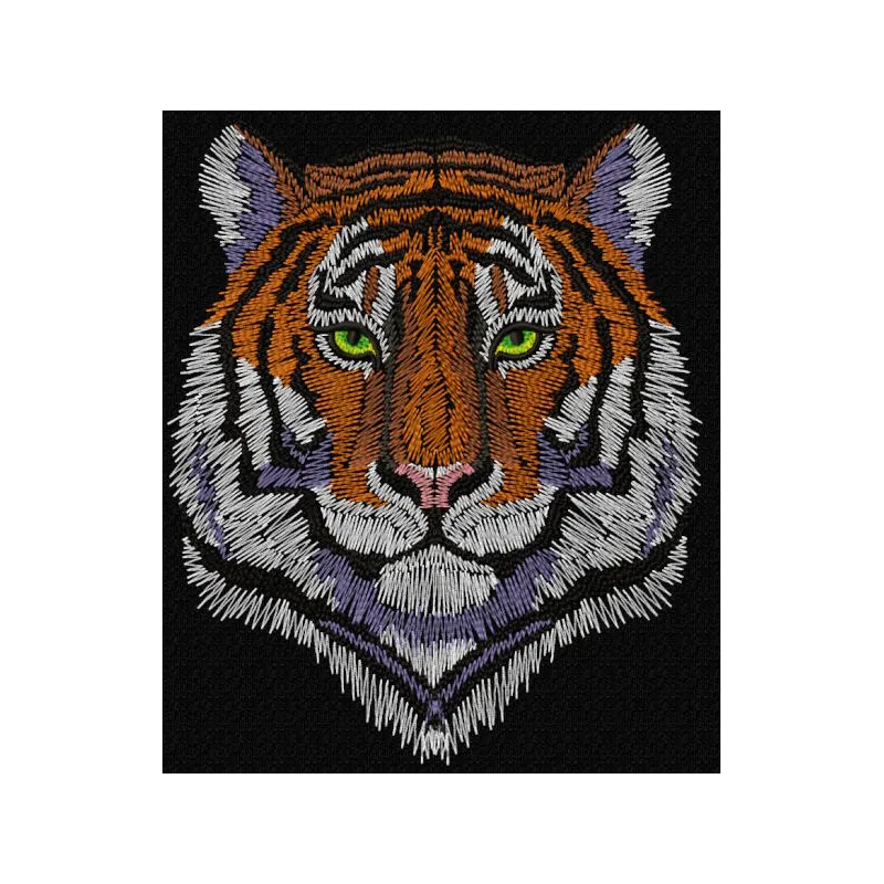 Tiger muzzle black background embroidery design preview for machine embroidery projects.