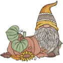 Harvest gnome with pumpkin embroidery design preview showcasing vibrant colors and detailed stitching.
