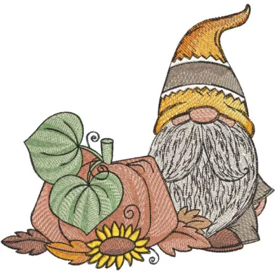 Harvest gnome with pumpkin embroidery design preview showcasing vibrant colors and detailed stitching.