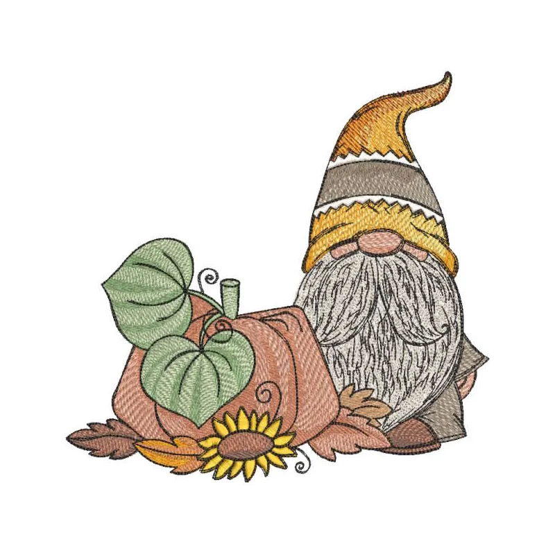 Harvest gnome with pumpkin embroidery design preview showcasing vibrant colors and detailed stitching.