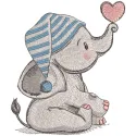 Embroidery design preview of elephant baby in nightcap with a heart embroidery design.