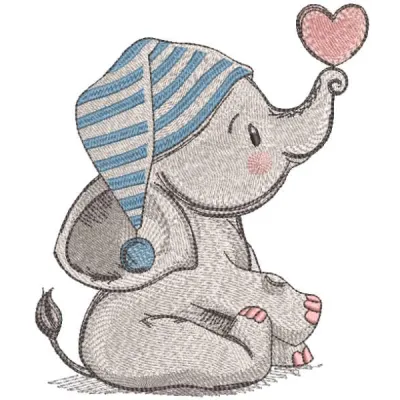 Embroidery design preview of elephant baby in nightcap with a heart embroidery design.
