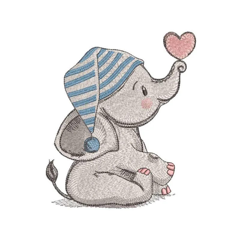 Embroidery design preview of elephant baby in nightcap with a heart embroidery design.