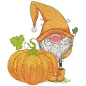 Fall gnome with pumpkin embroidery design preview featuring vibrant colors and detailed stitching.
