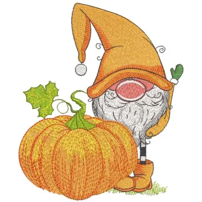 Fall gnome with pumpkin embroidery design preview featuring vibrant colors and detailed stitching.