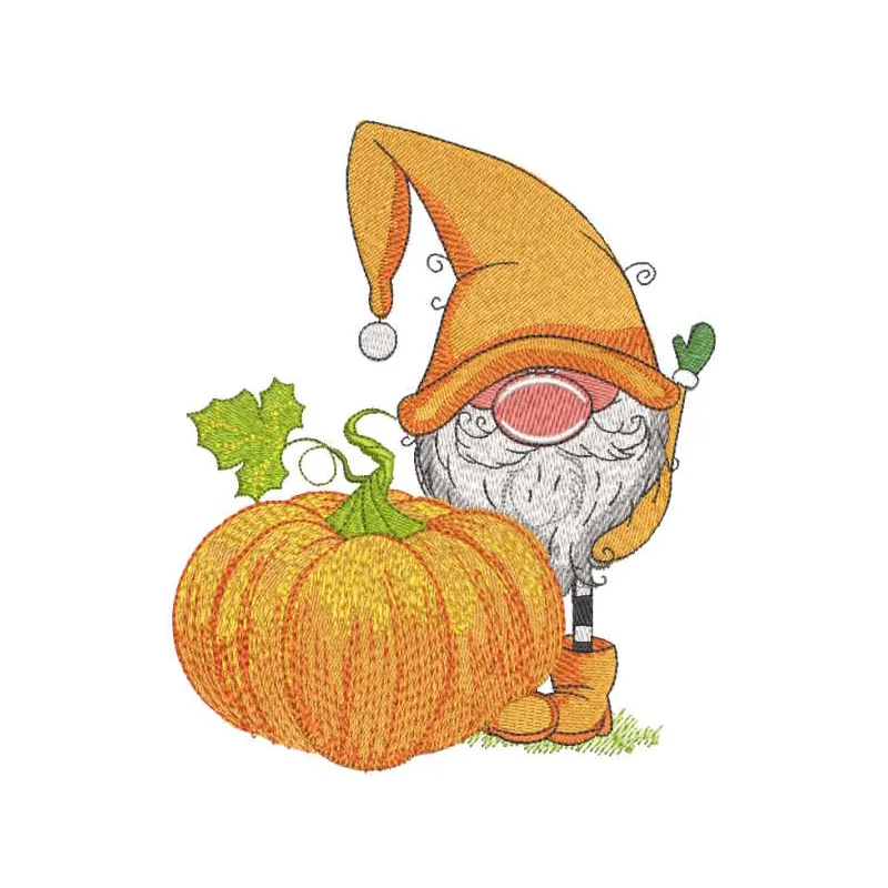 Fall gnome with pumpkin embroidery design preview featuring vibrant colors and detailed stitching.