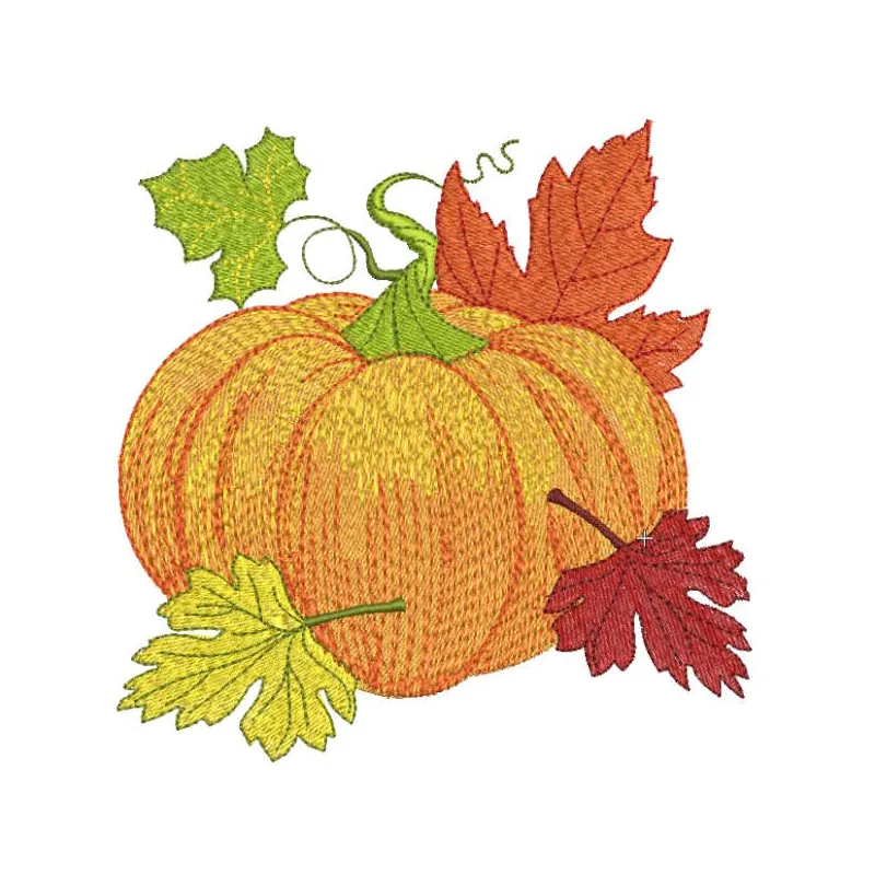 Pumpkin Fall embroidery design preview showcasing vibrant colors and detailed stitching for autumn projects.