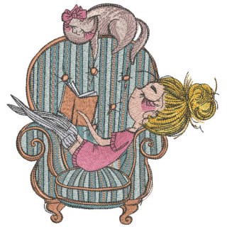 Girl and cat rest together embroidery design - Embroidery Design
