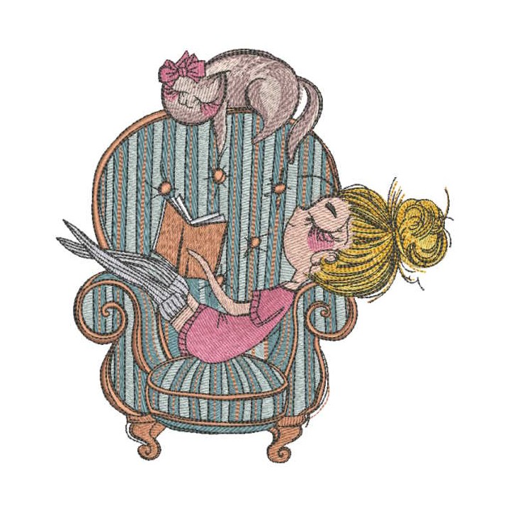 Girl and cat rest together embroidery design - Embroidery Design